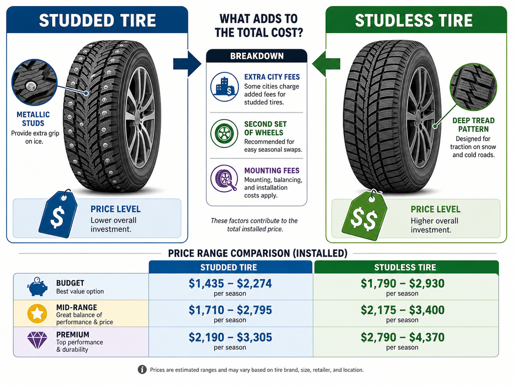 Infographic comparing studded and studless winter tire costs and ownership fees.