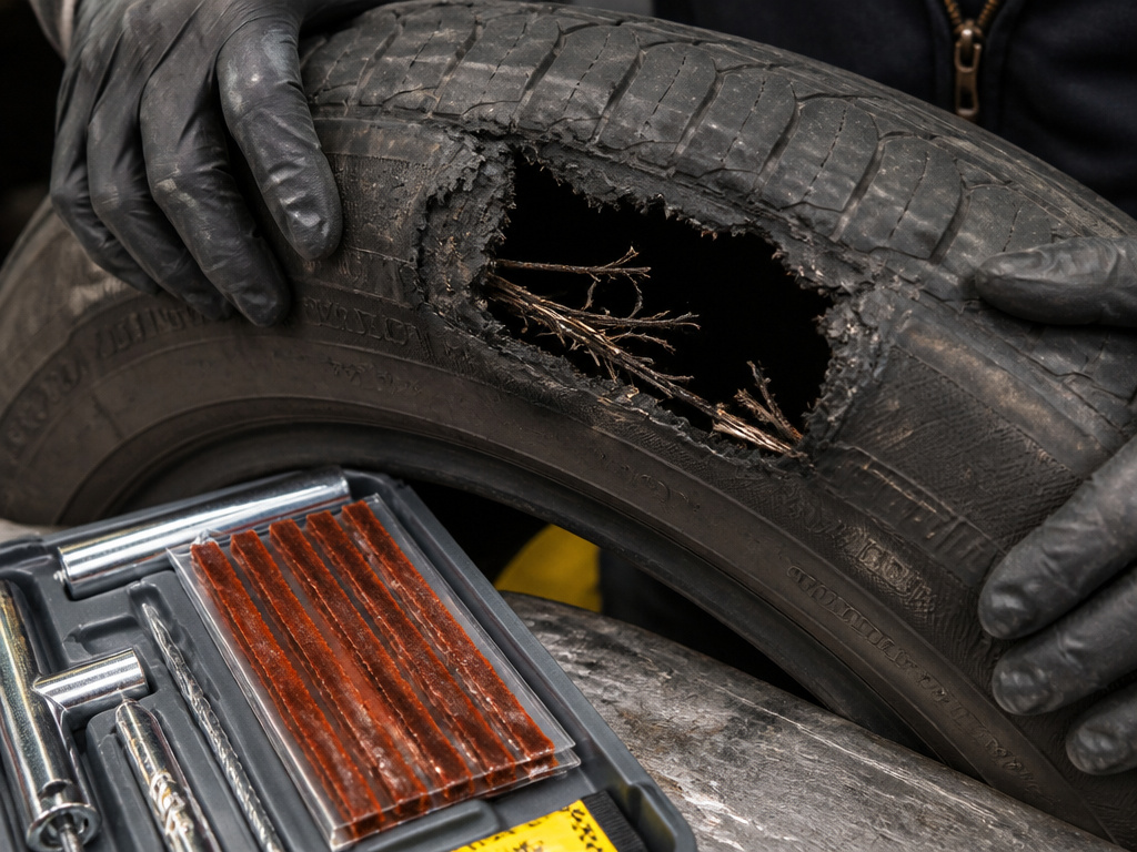 Mechanic inspecting a tire with a large, unrepairable sidewall blowout damage.