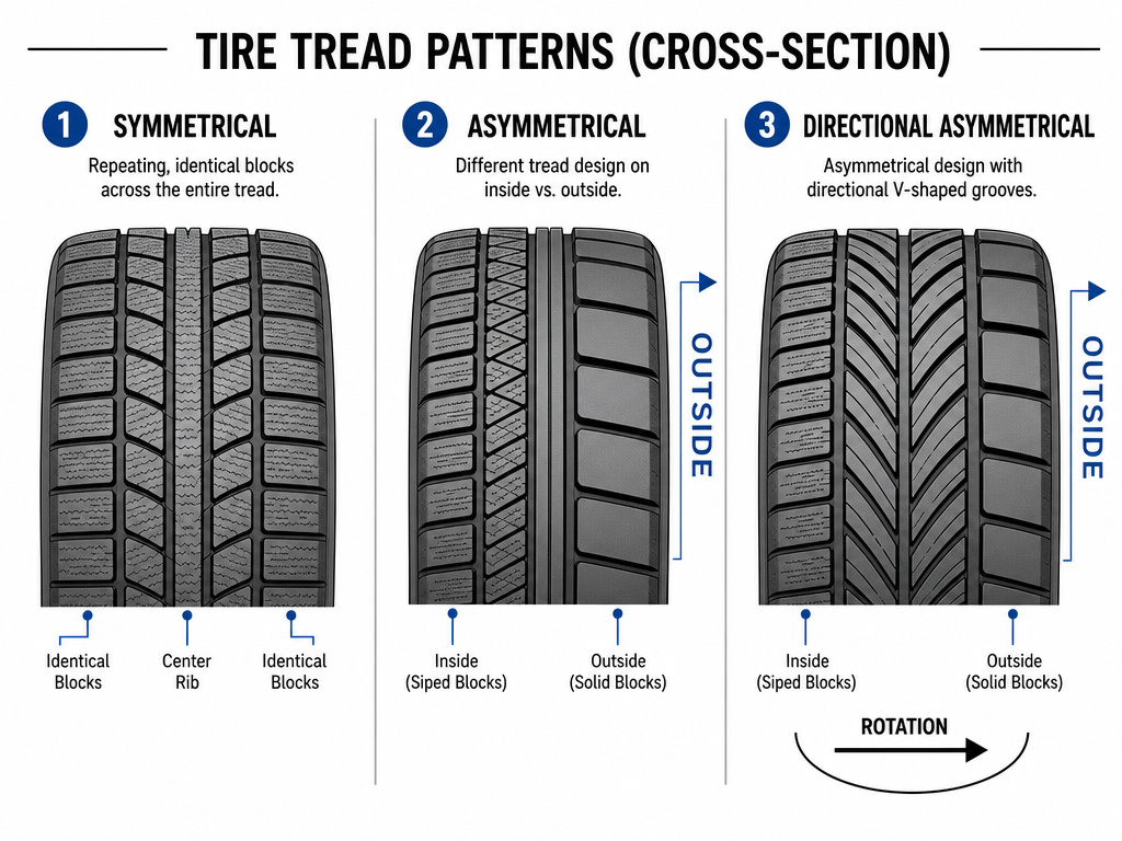 Diagram comparing symmetrical, asymmetrical, and directional asymmetrical tire tread patterns.