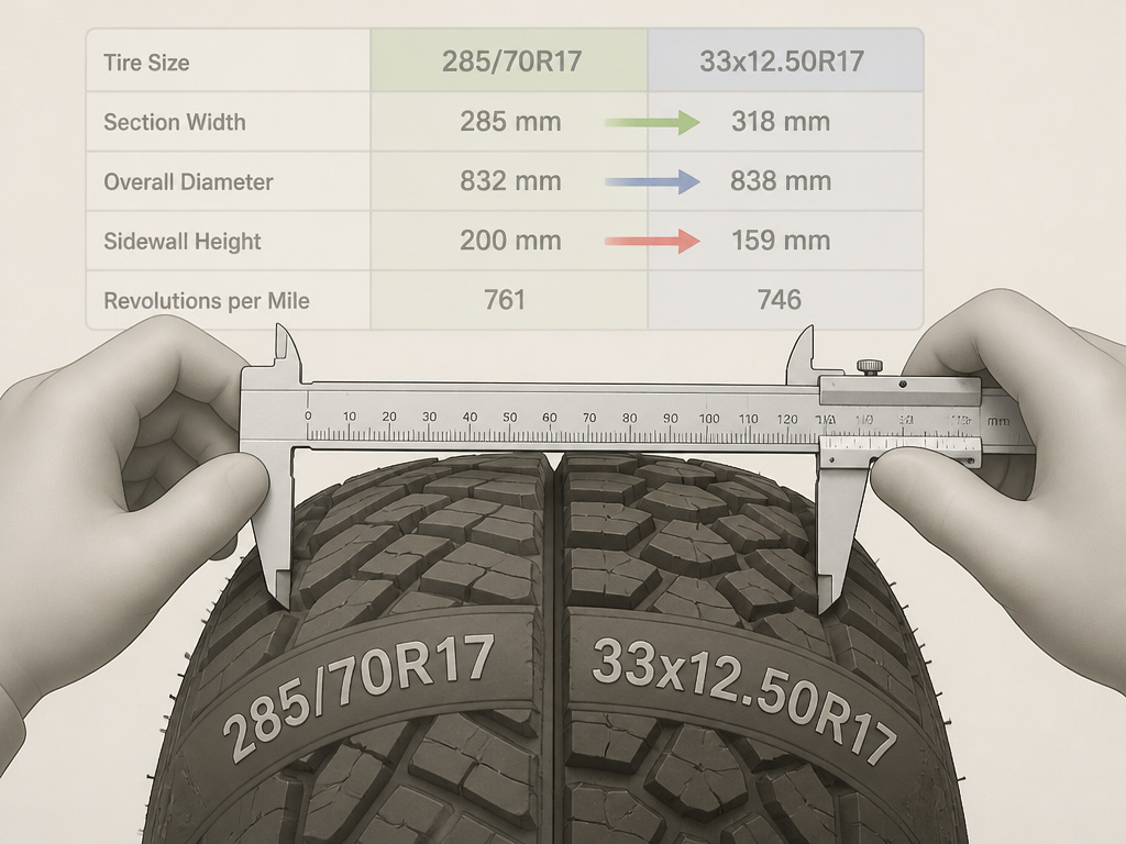 Mechanic comparing metric and inch tire sizes with caliper and conversion chart