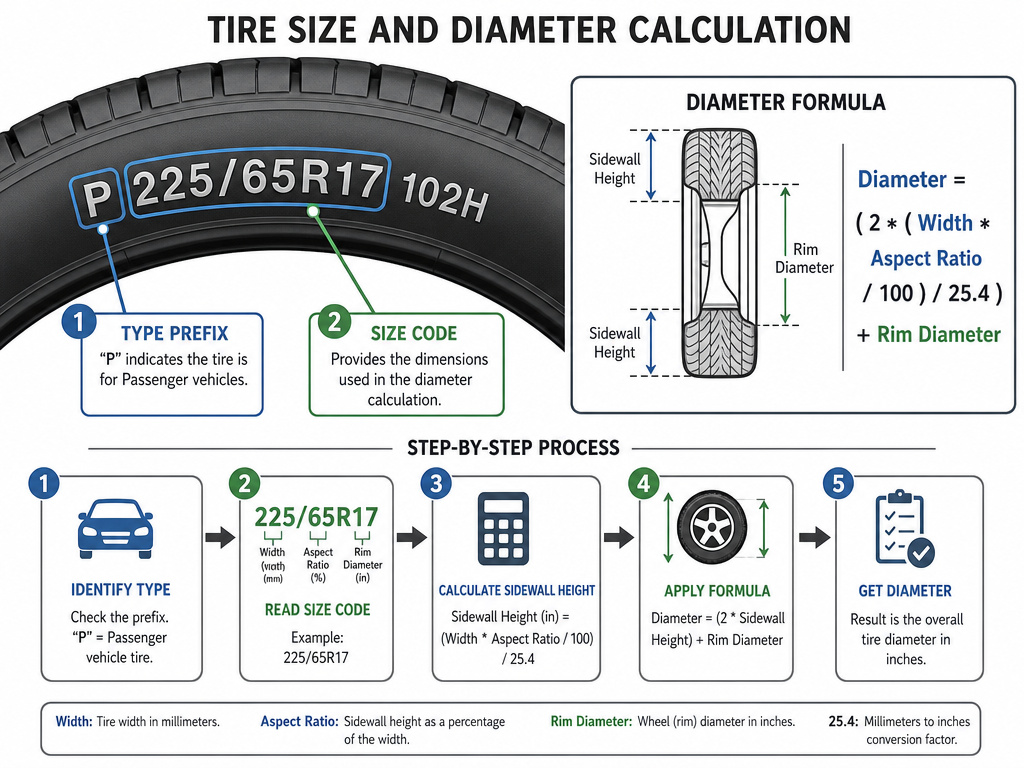 Close-up diagram showing P-metric tire size marking and diameter calculation formula.