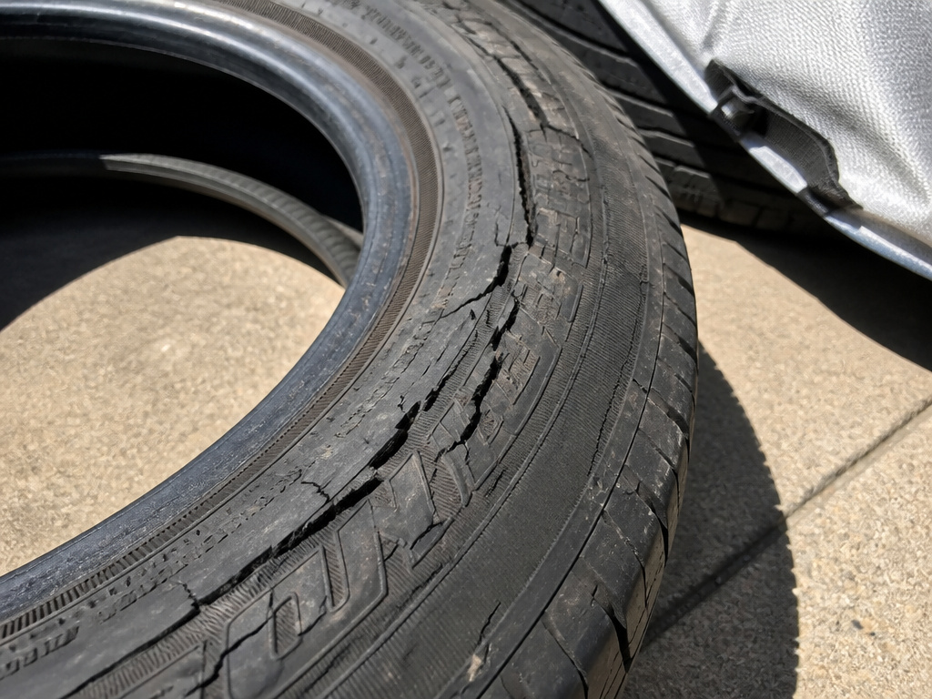 Dry rotted tire damage from sun exposure next to protective storage cover
