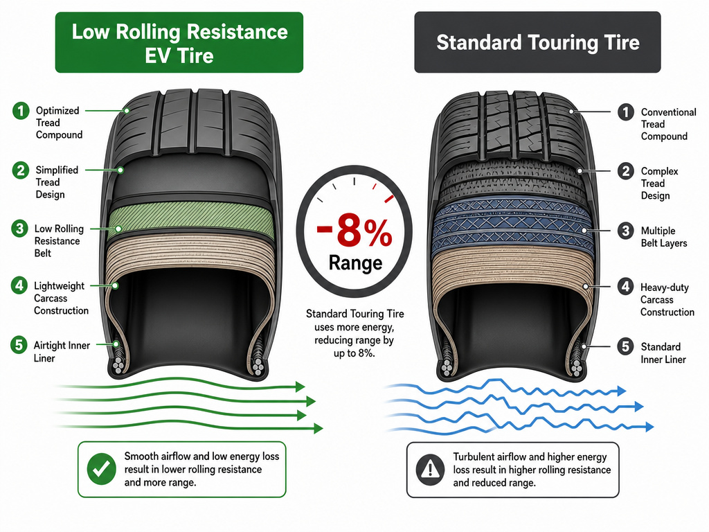 Diagram comparing low rolling resistance EV tire to standard tire impact on range.
