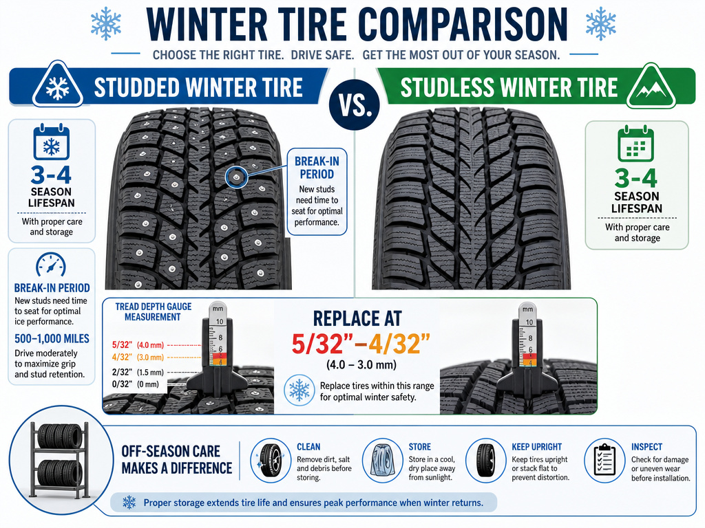 Studded versus studless winter tire lifespan and replacement depth infographic.