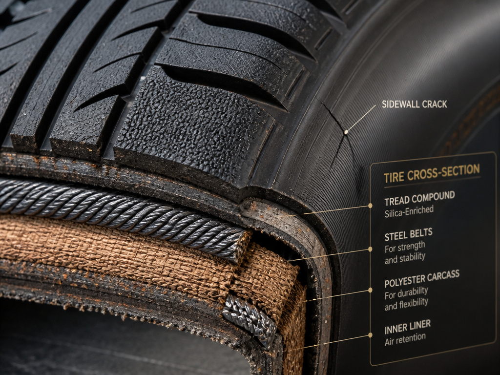 tire material cross-section showing rubber, steel belts, and carcass cords