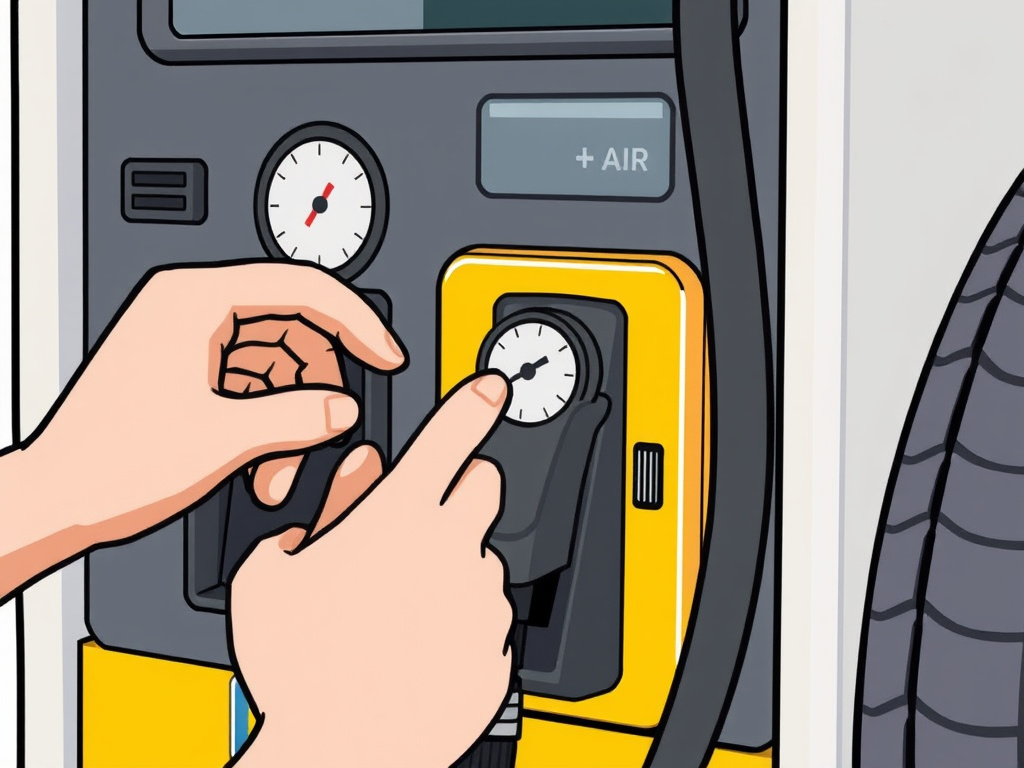 hands inserting coin into gas station tire air pump
