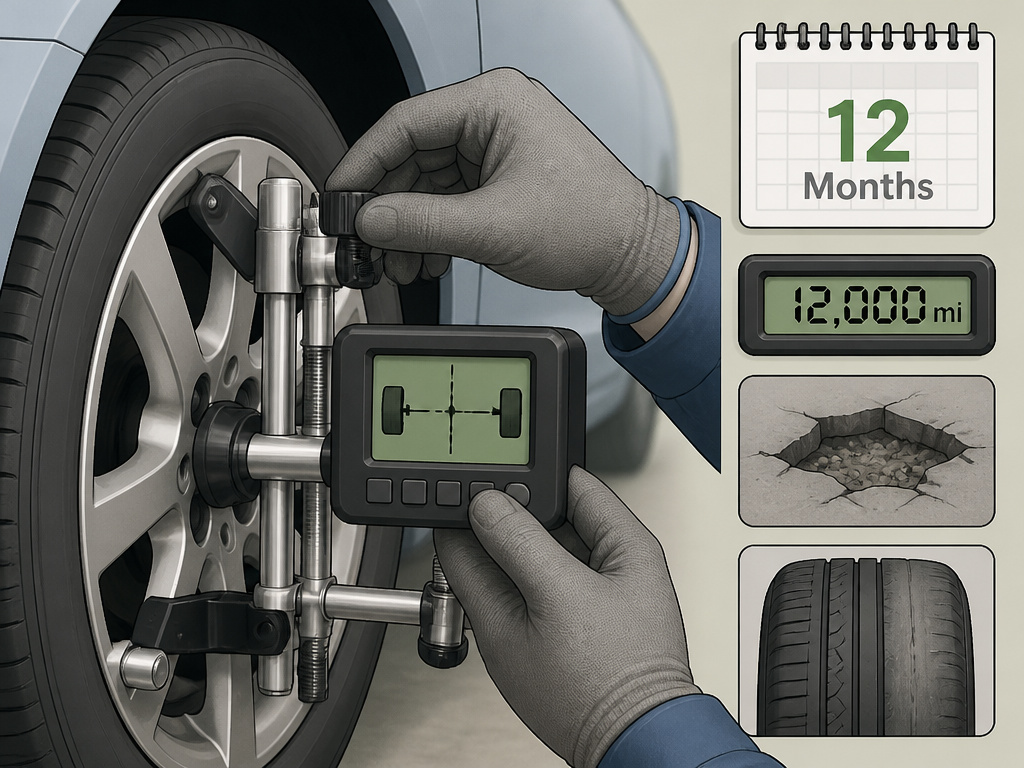 Cartoon of a wheel alignment check with calendar and mileage warranty indicators.