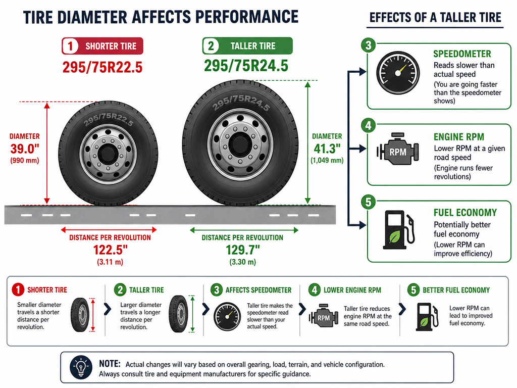 Diagram comparing tall vs short semi-truck tire diameters and performance effects.