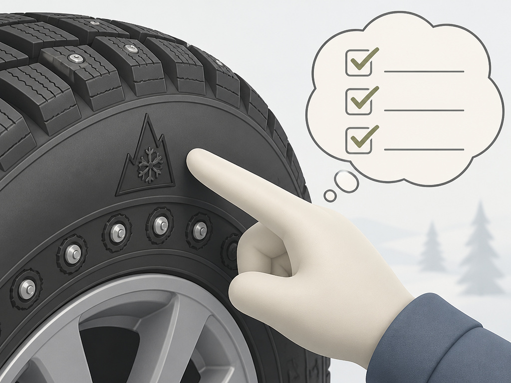 Cartoon illustration comparing studded and studless winter tire selection checklist.
