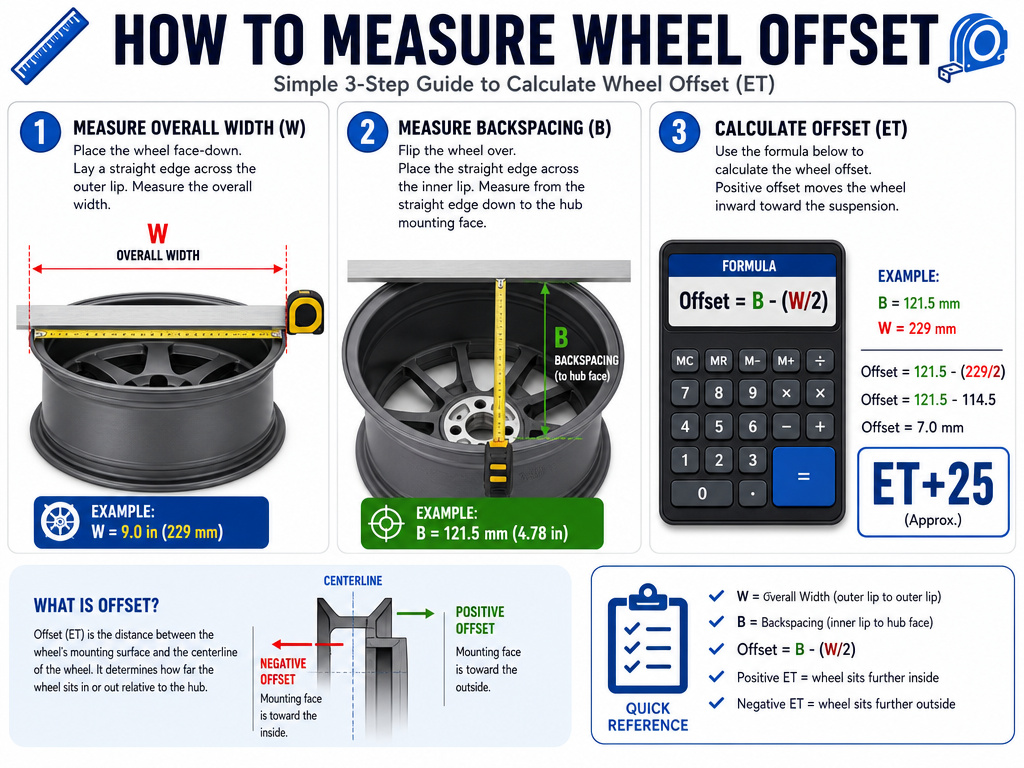 Step-by-step infographic for measuring wheel offset and backspacing.