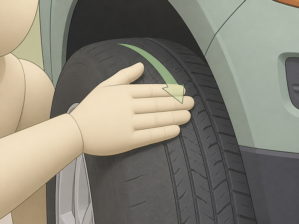 Close-up of hand checking tire tread for uneven heel-toe wear pattern