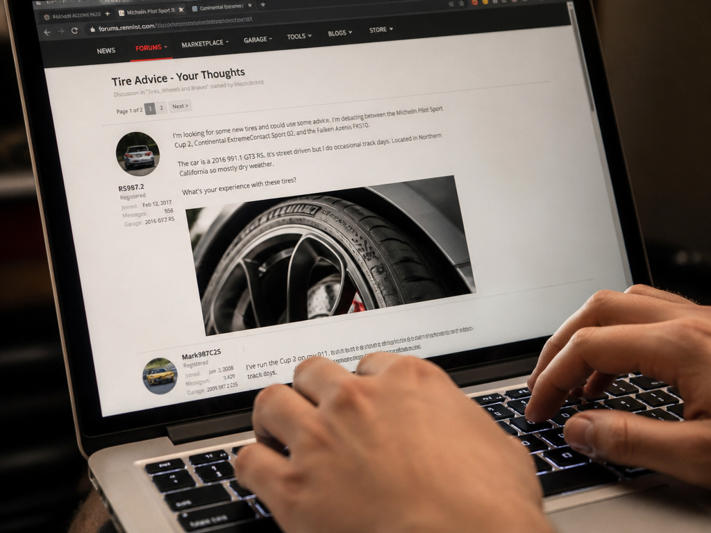sports car tire forum on laptop screen hands typing