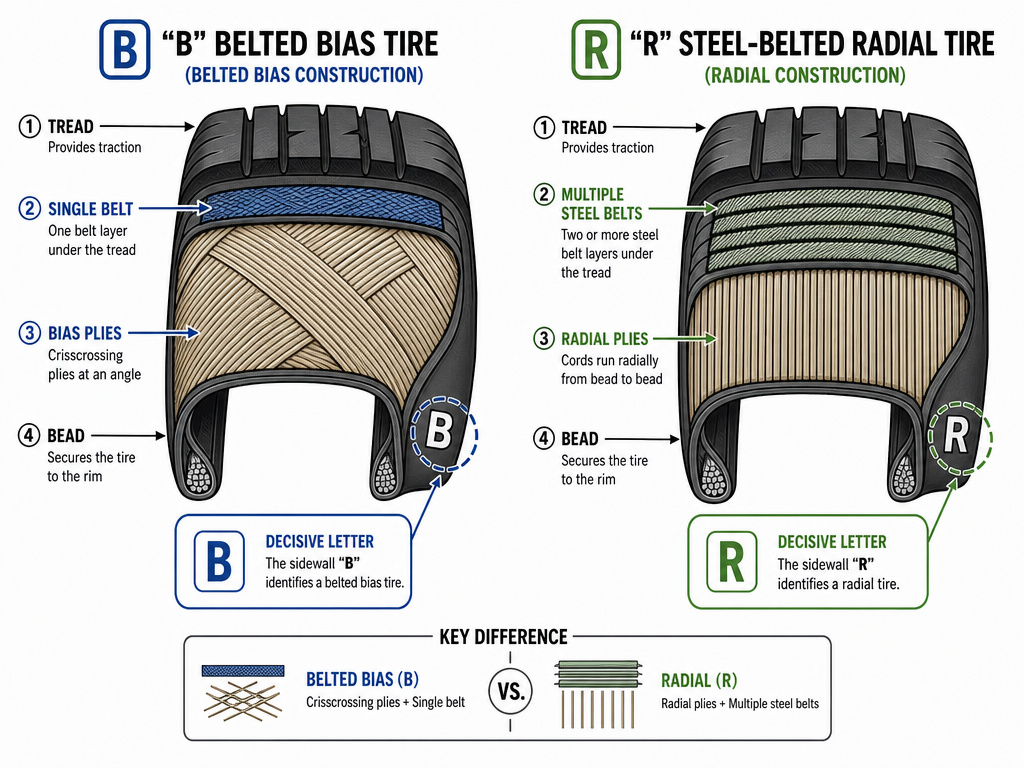 Diagram comparing belt layouts of a B-rated belted bias vs an R-rated radial tire.