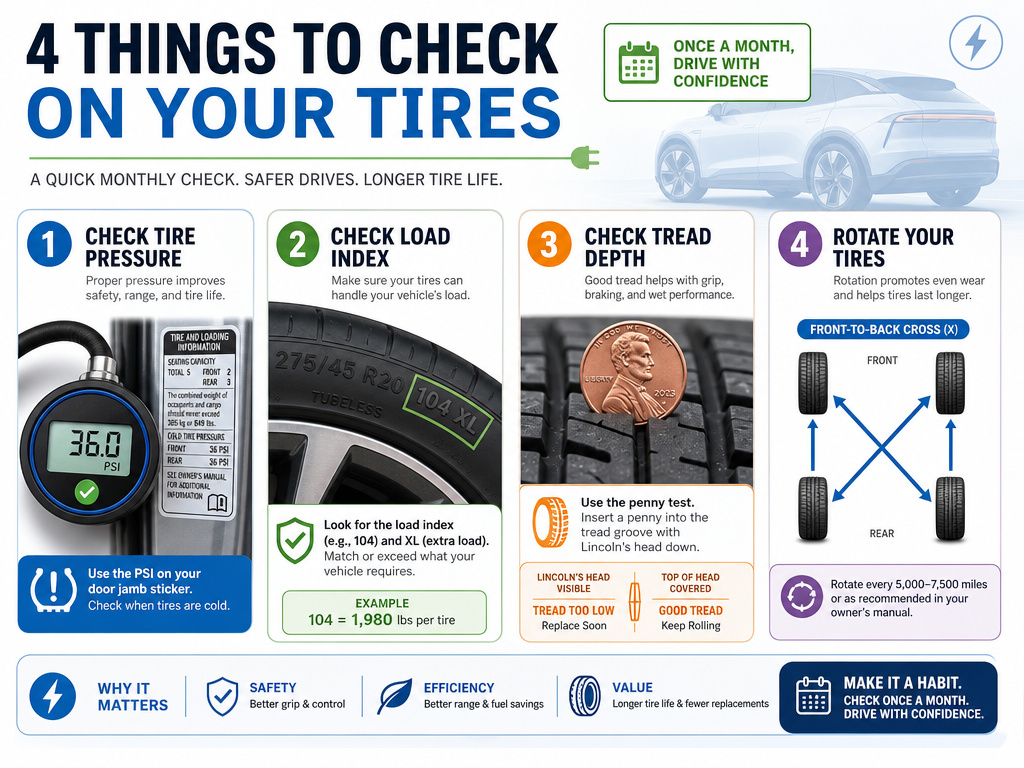 Four monthly tire maintenance checks to protect electric vehicle driving range.
