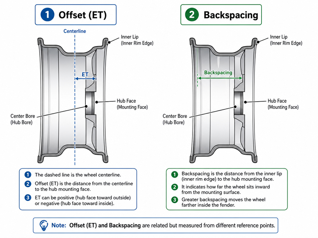 Diagram comparing wheel offset and backspacing measurements on a rim cross-section.