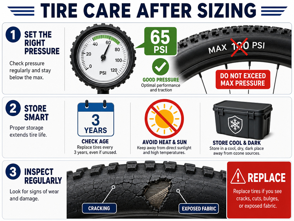 Bike tire pressure, storage guidelines, and wear check infographic.