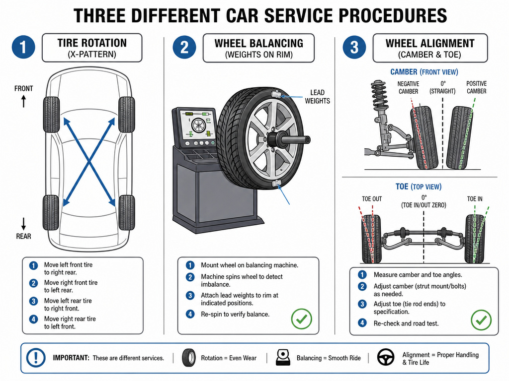 Diagram comparing tire rotation, wheel balancing, and alignment procedures.