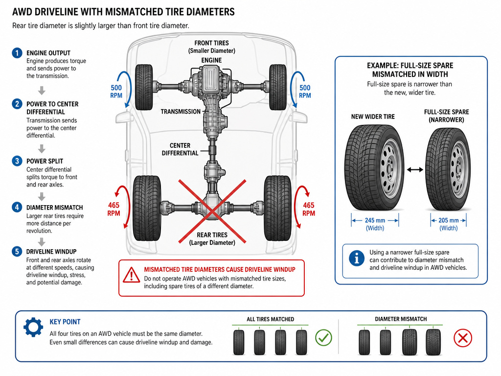 AWD vehicle driveline stress from mismatched tire diameters on stock wheels.
