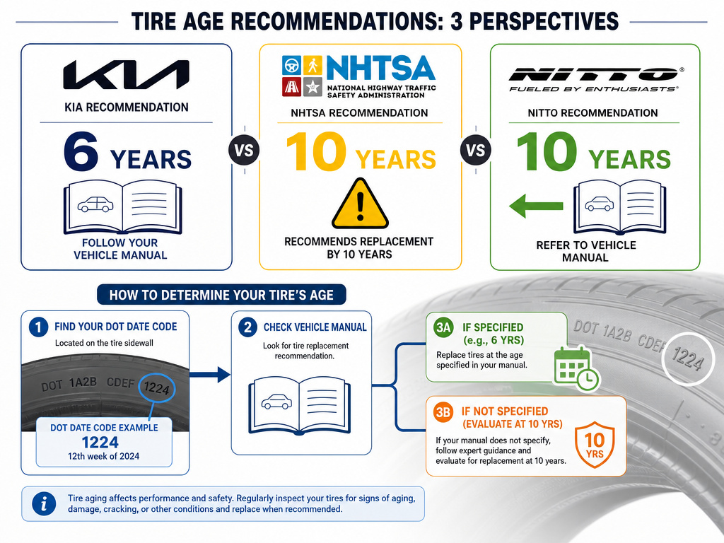 Infographic comparing the 6-year vs 10-year tire replacement rules from Kia, NHTSA, and Nitto.
