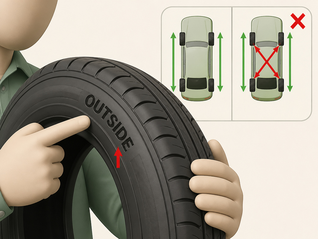 Correct mounting and rotation diagram for asymmetrical versus symmetrical car tires.