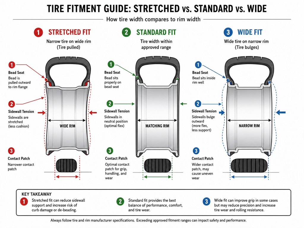 Diagram comparing stretched, standard, and wide tire fits on stock rims.