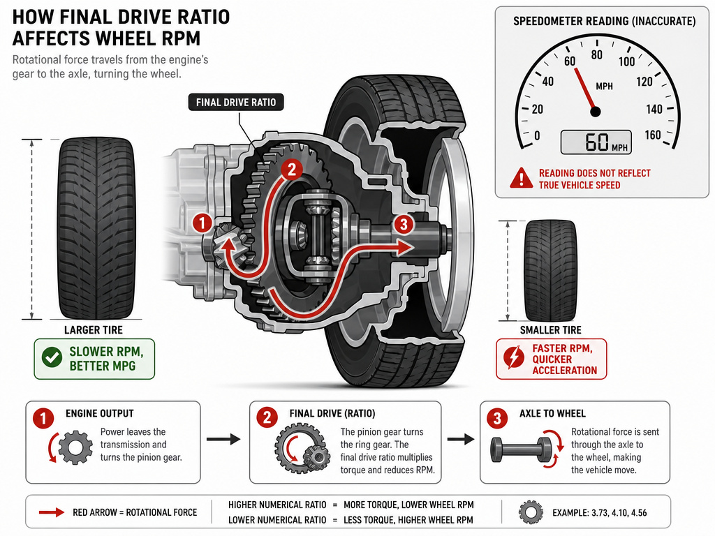 Diagram showing how tire diameter changes affect gear ratio and speedometer accuracy.