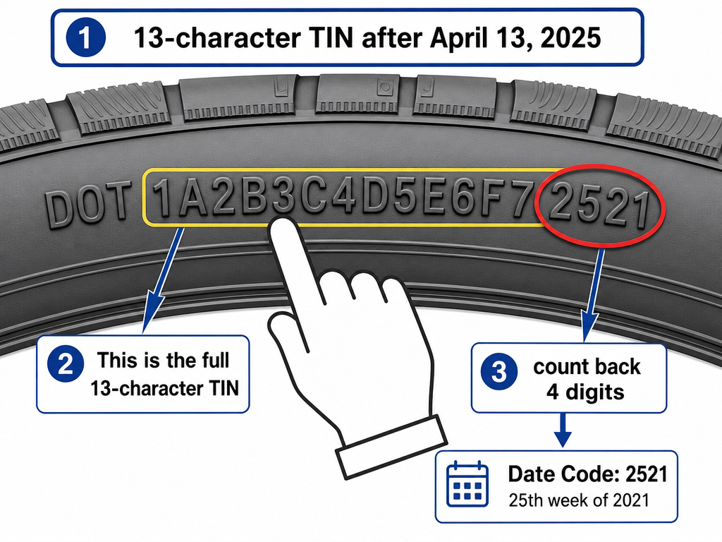 Checking tire manufacture date with 13-character DOT code