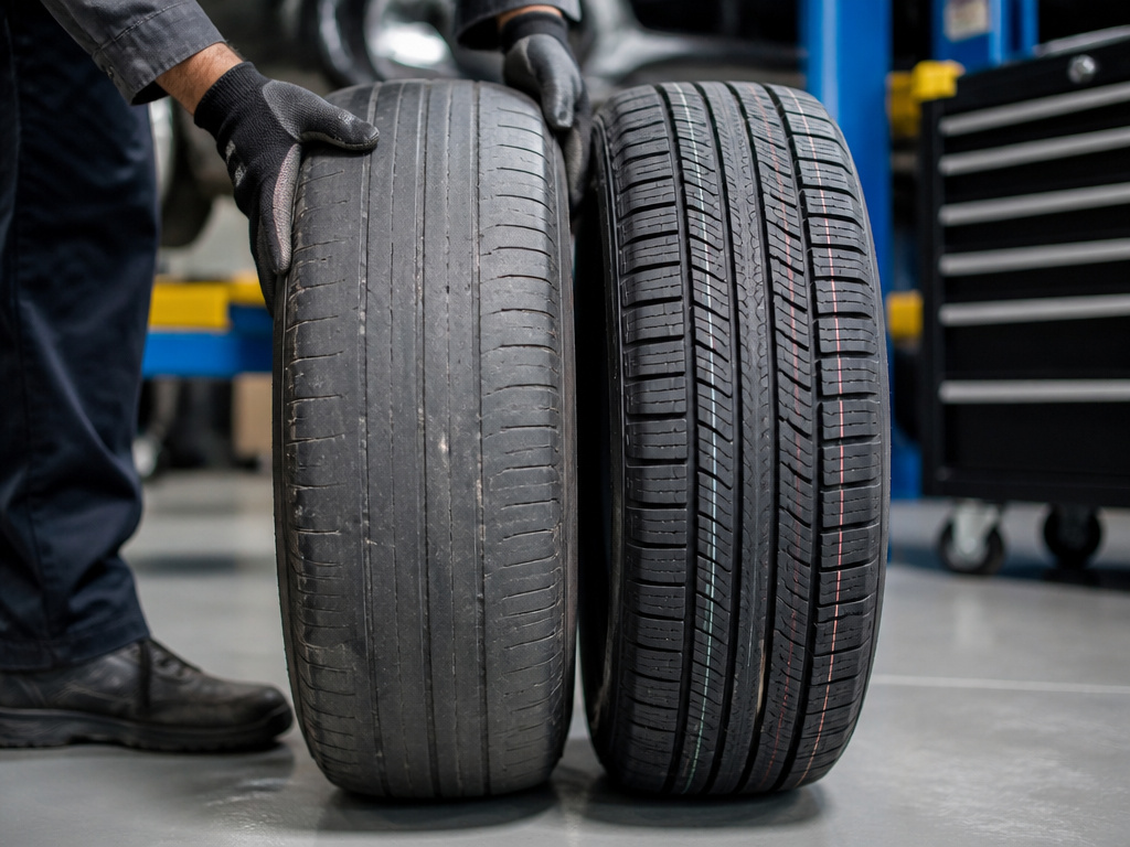 Comparison of worn versus new electric vehicle tires affecting driving range.