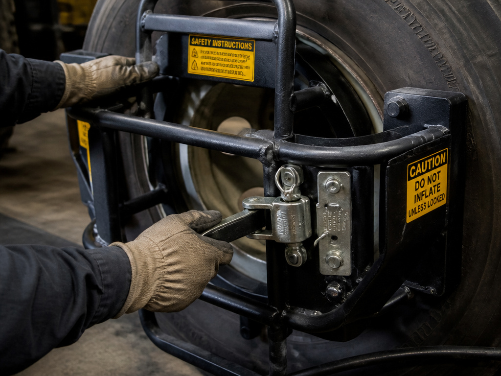 Safety cage restraining a large commercial truck tire during inflation.