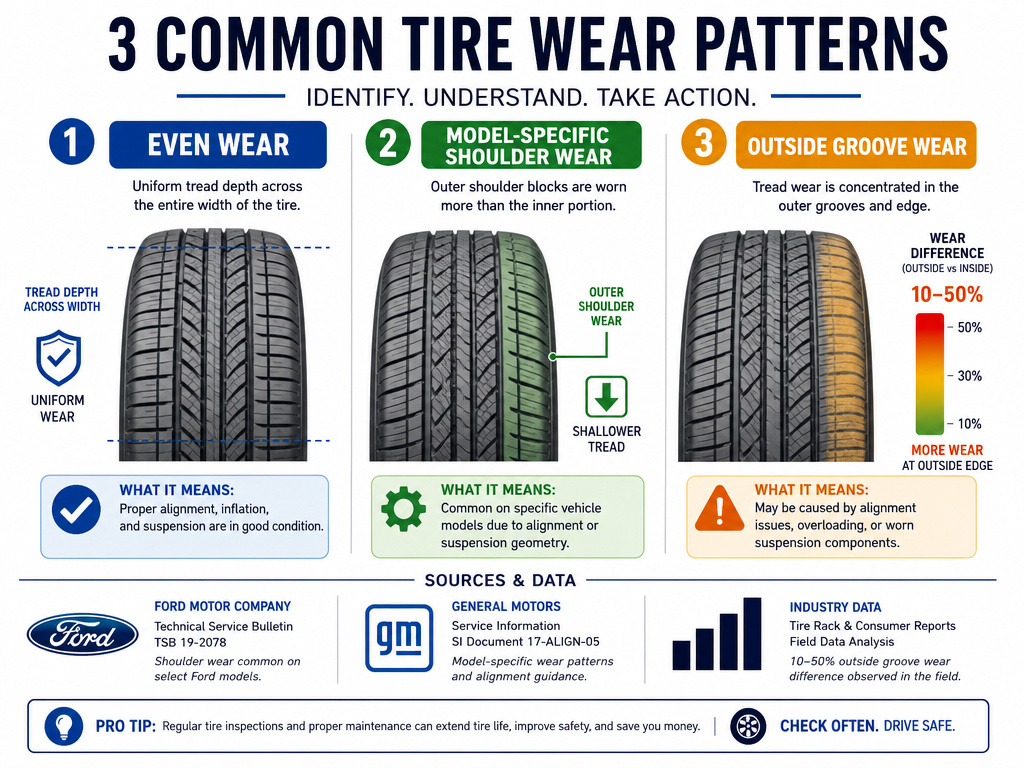 Infographic comparing normal tire wear patterns: even, shoulder, and groove wear.