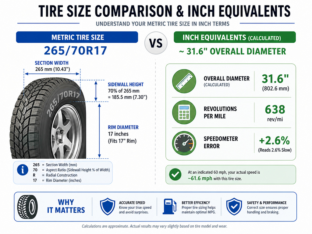 Infographic comparing metric tire size to inch conversion with key specs