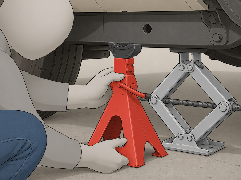 Using a jack stand for safety after lifting a car to change a tire.
