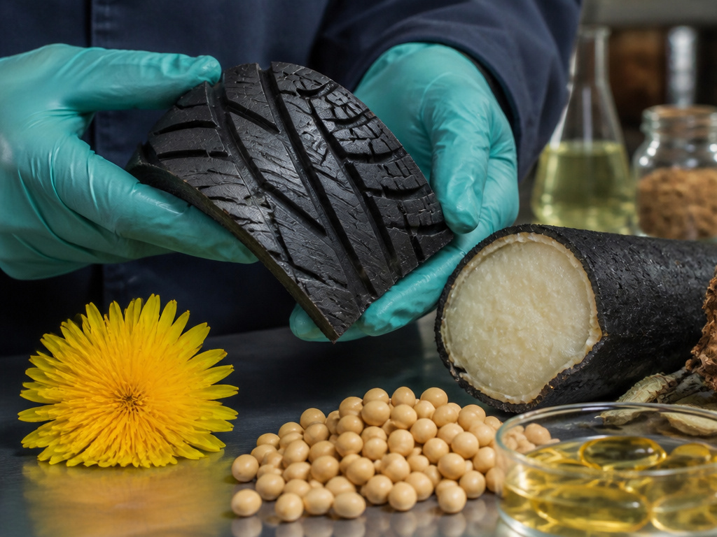 Sustainable tire materials like dandelion rubber and bio-based feedstocks.