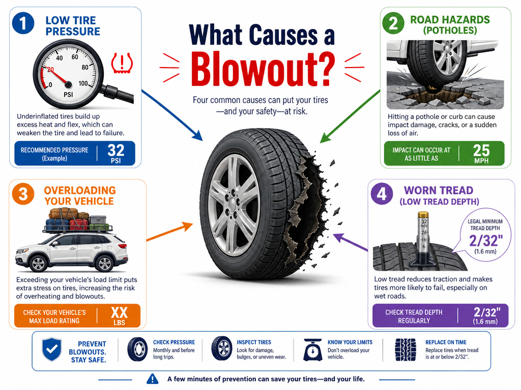 Infographic on the four main preventable causes of a tire blowout.