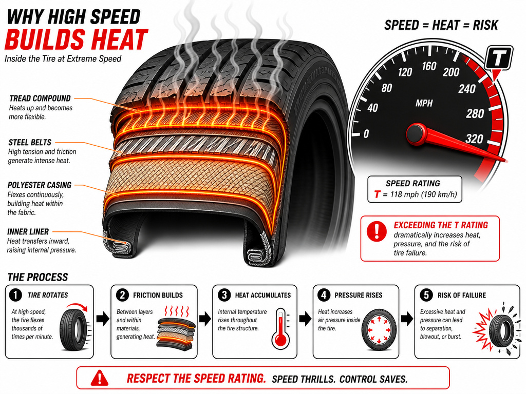 Diagram of tire overheating from exceeding its speed rating.