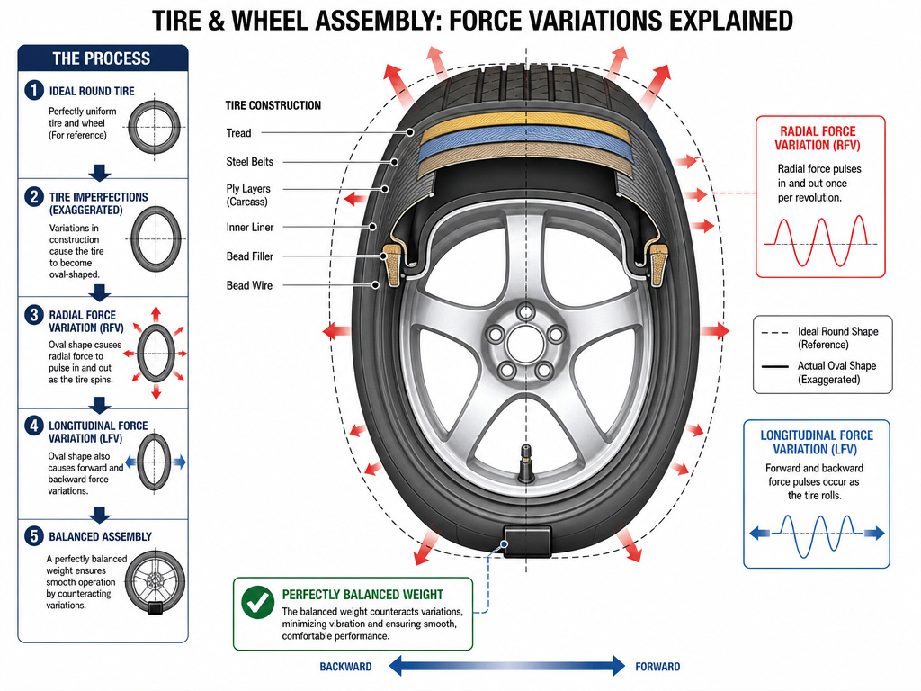 Diagram of an out-of-round tire causing force variation despite perfect wheel balance.