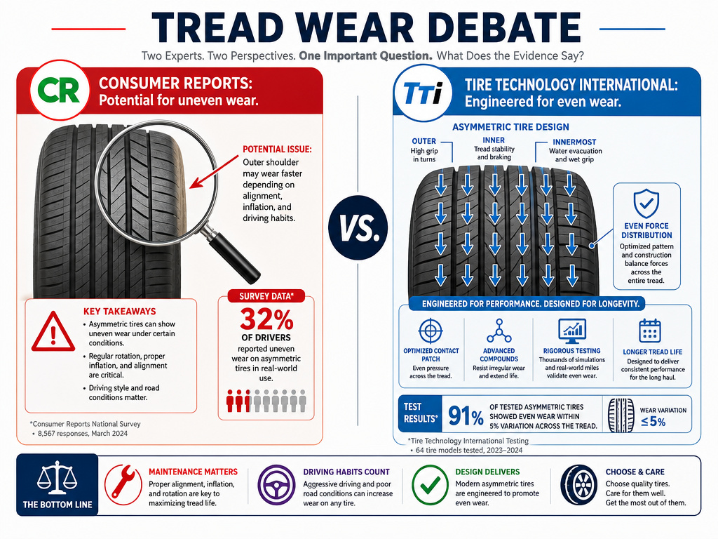 Expert infographic debating symmetrical vs asymmetrical tire tread longevity.
