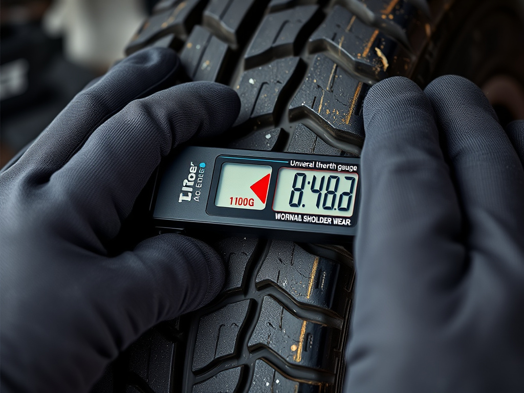 tire tread depth gauge checking uneven wear patterns on car