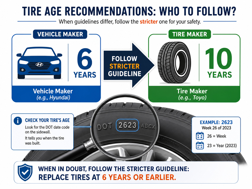 Conflicting tire age recommendations from car manufacturers versus tire makers.