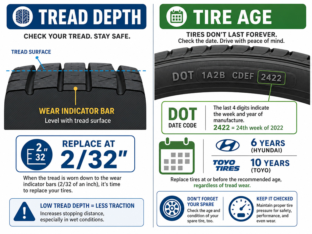 Tire replacement infographic comparing tread wear indicators and manufacturer age limits.