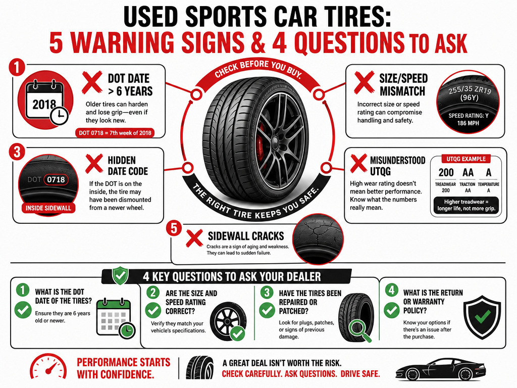 Infographic listing red flags and key questions for buying sports car tires.
