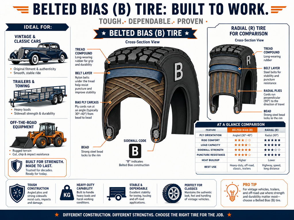 belted bias tire construction comparison infographic for vintage and trailers