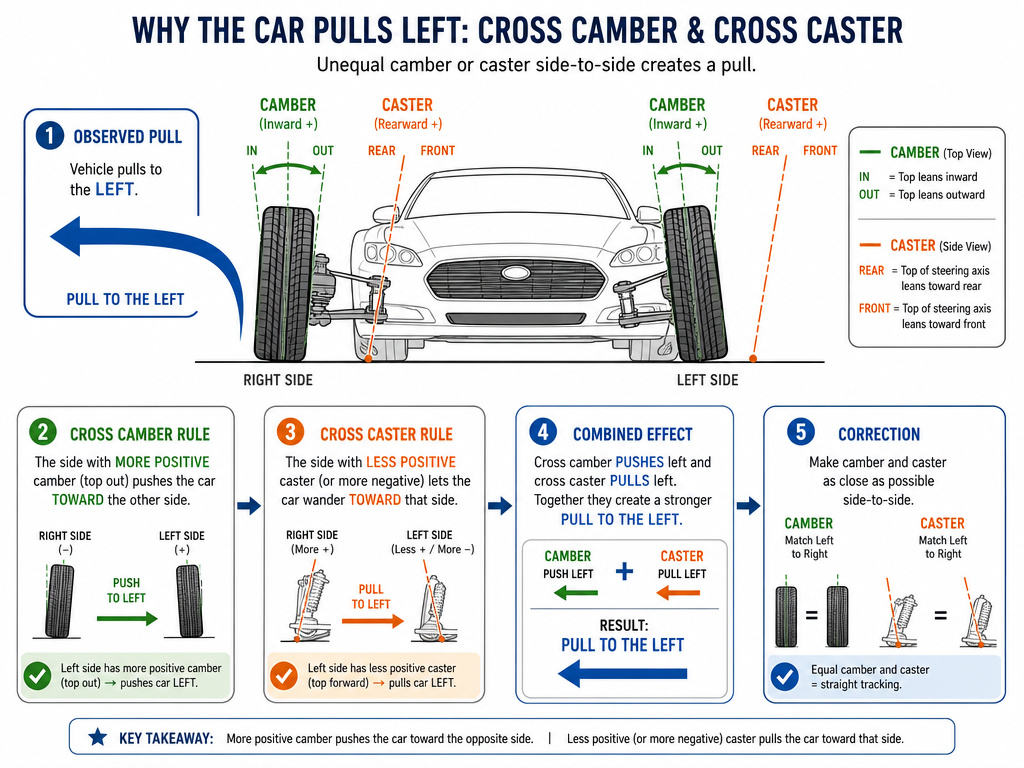 Diagram explaining how camber and caster angles cause a vehicle to pull left or right.
