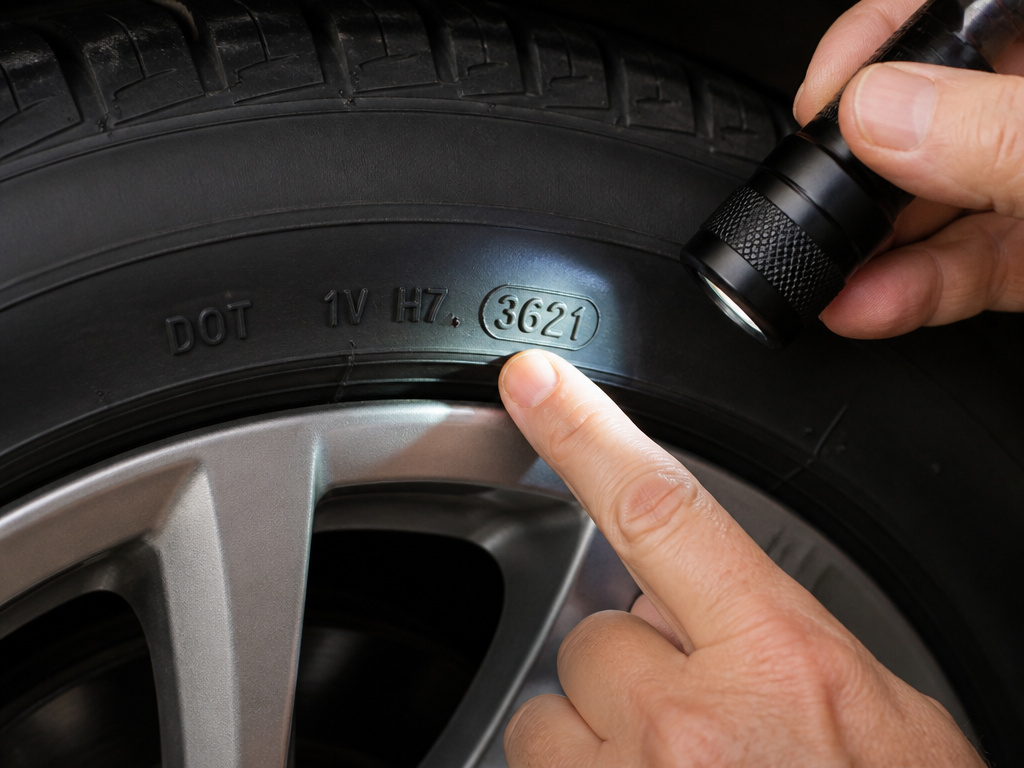 Close-up hands checking tire manufacture date code on sidewall